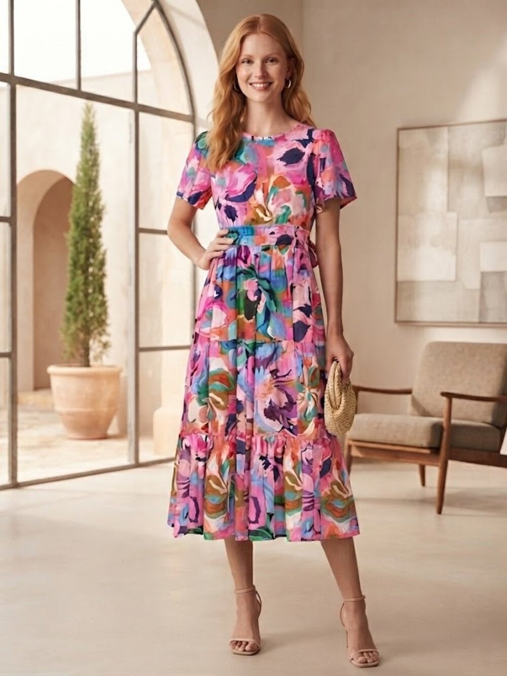 JOHNNY WAS Floral-Print Smocked Tiered Linen-Blend Midi Dress Size M NWT $318
